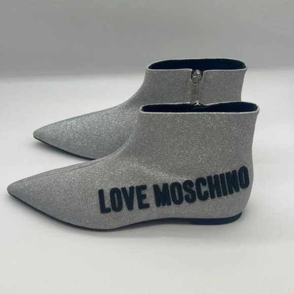 Brand New Women's Sz 38 M Love Moschino Argento Glitter Pointed Toe Booties - Picture 2 of 6